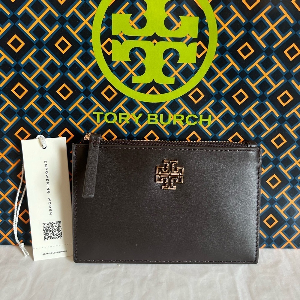 Tory Burch Britten Soft Zip Card Case Mini Wallet Dark Mahogany Gold Brown